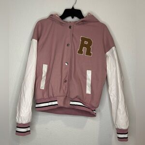 Girls' Pink Hooded Varsity Jacket with White Sleeves